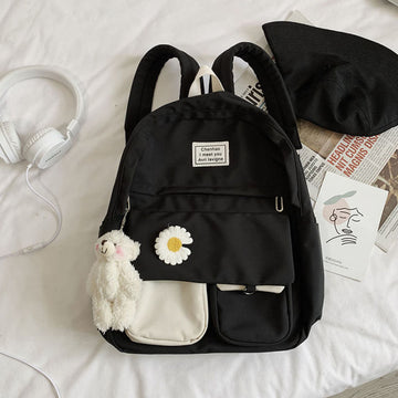 Kylethomasw  Girls School Bags for Teenagers Student Backpack Women Nylon Soft Patchwork Bookbag Teen Panelled Flowers Casual Schoolbag Black